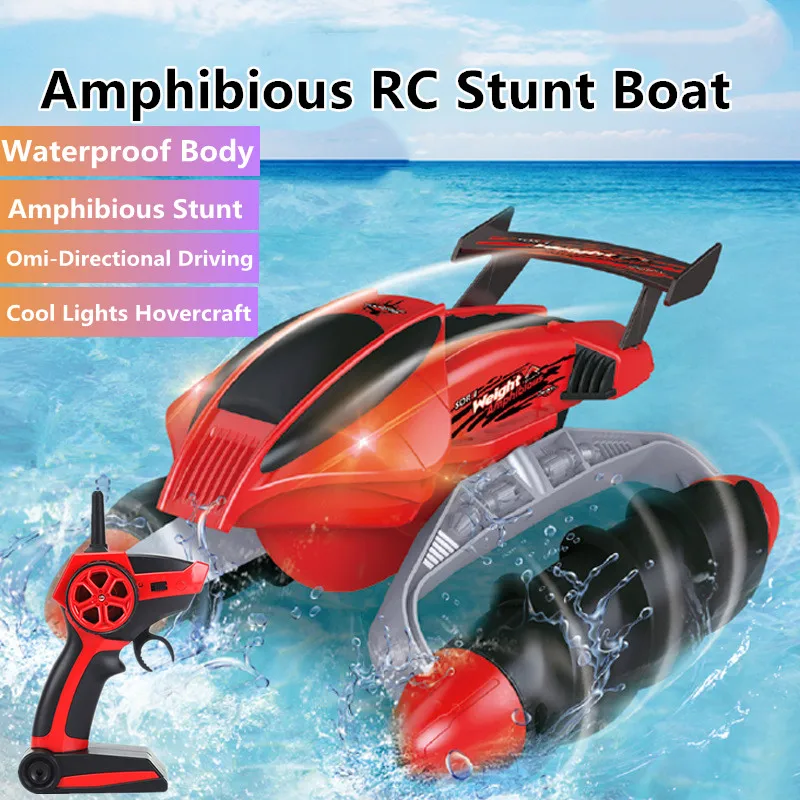 

RC Boat Hovercraft Model Amphibious Stunt Drift Multi-Terrain Omi-Directional Driving Waterproof Body Spiral Wheel Cool Lights