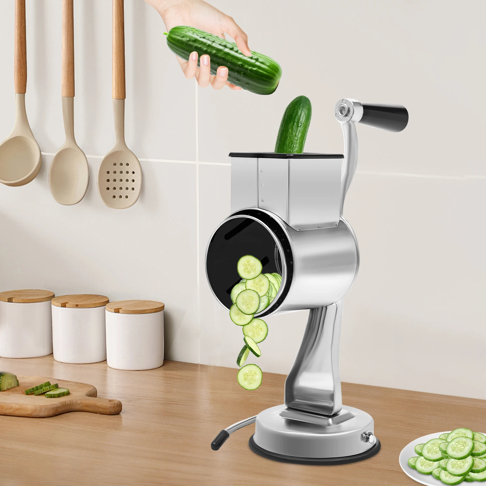 

5-in-1 Rotary Cheese Grater Vegetable Slicer Large with Handle Stainless Steel, Kitchen Mandoline Vegetable Potato Slicer