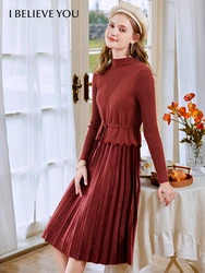 I BELIEVE YOU Red Dresses for Women 2022 French Solid Aline Turtleneck Knitted Patchwork Vestido Autumn/Winter Clothe 2214134095