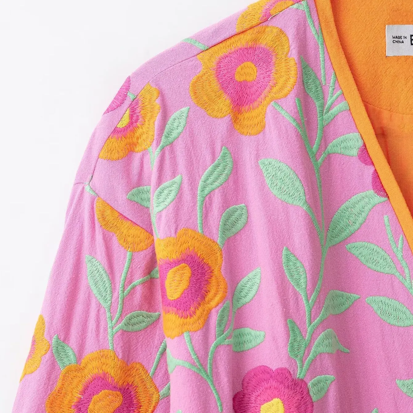 KASLEAD New Women's Embroidered Floral Waist Belt Decorated Jacket Standard Fit Polyester Fiber Long Sleeve Summer Outerwear