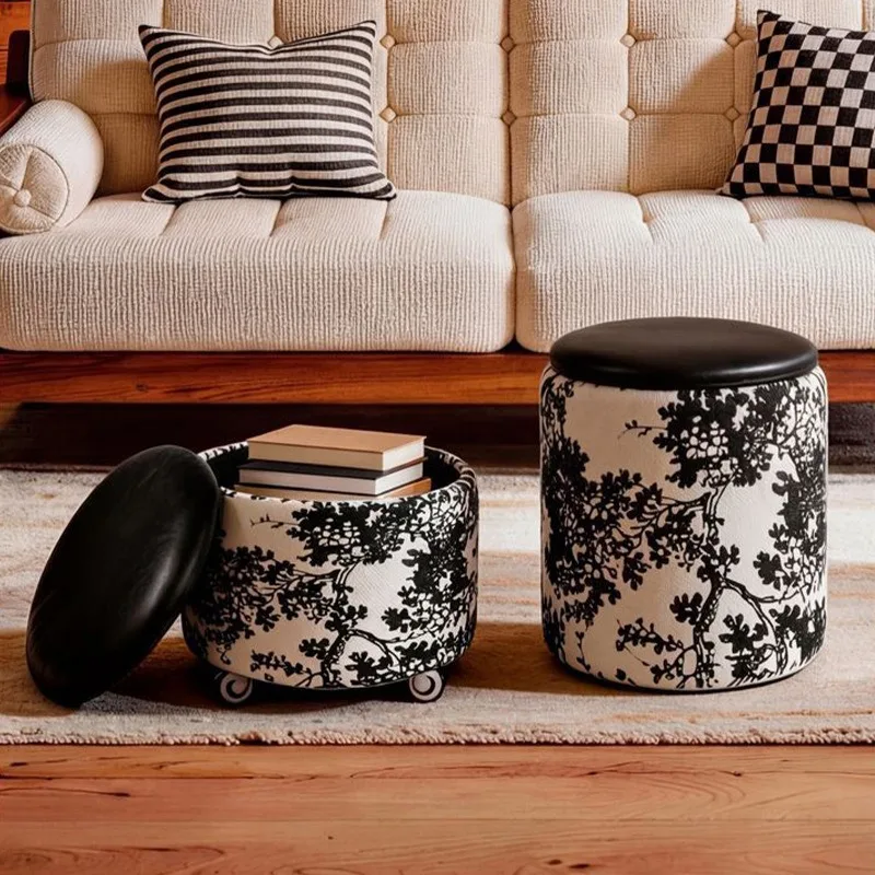 Retro Vanity Stool with Storage and Wheels, Vintage Ottoman Bench for Living Room Hallway Home, Caster Footrest Seat