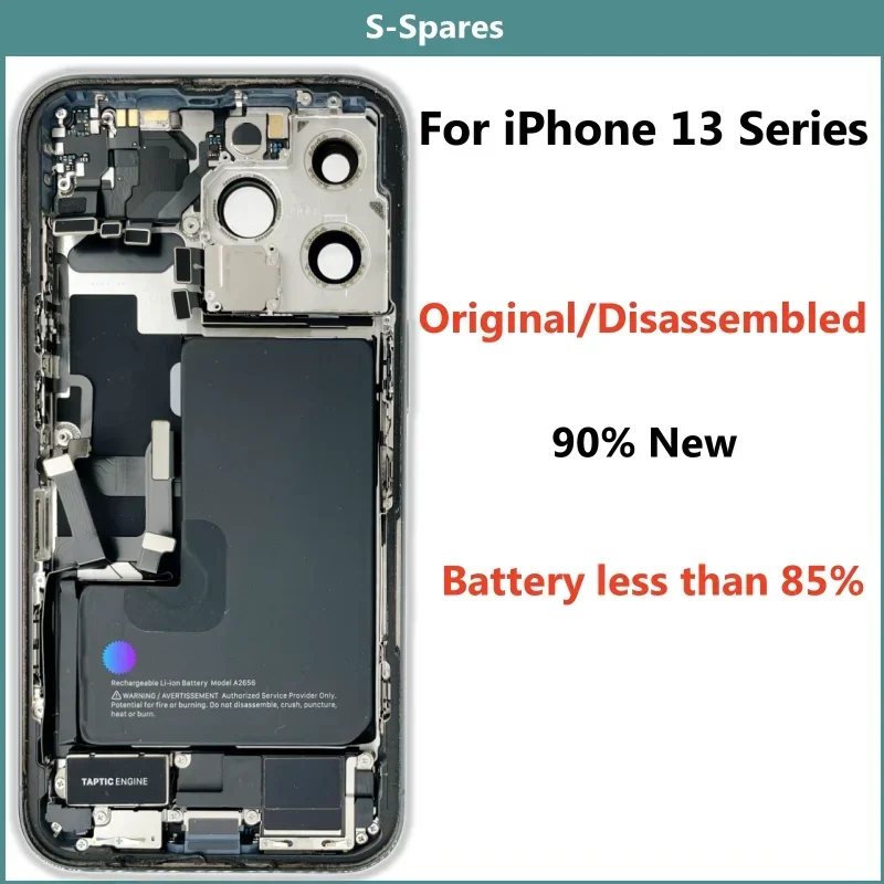 Original Disassembled Middle Housing Back Glass Cover for iPhone 13mini 13Pro Max with Battery, NFC Wireless Assembly, 90% New