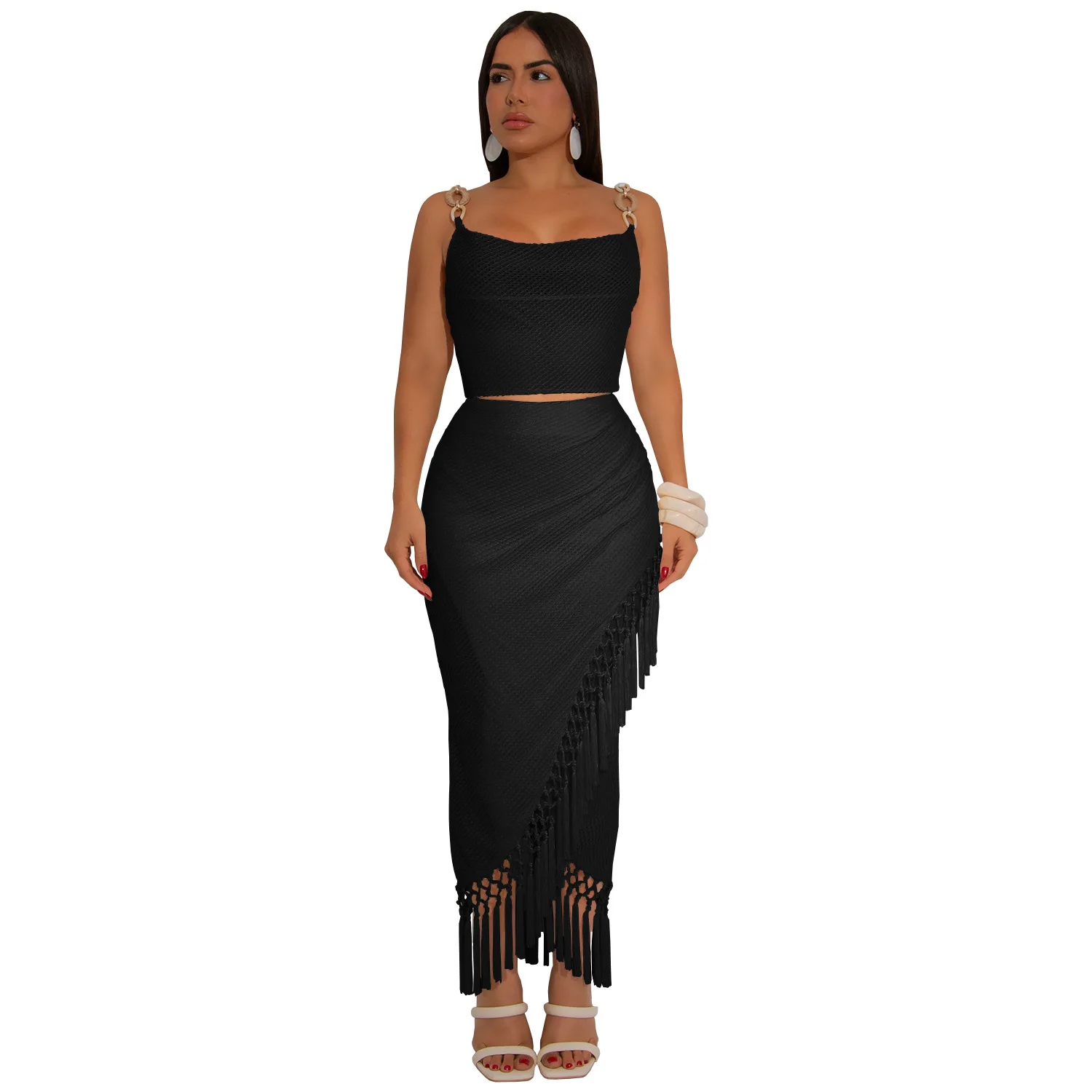 

Африканская одежда из 2 предметов для женщин, летняя мода, африканский полиэстер без рукавов, белый, черный топ, длинная юбка, одинаковые комплекты 2025