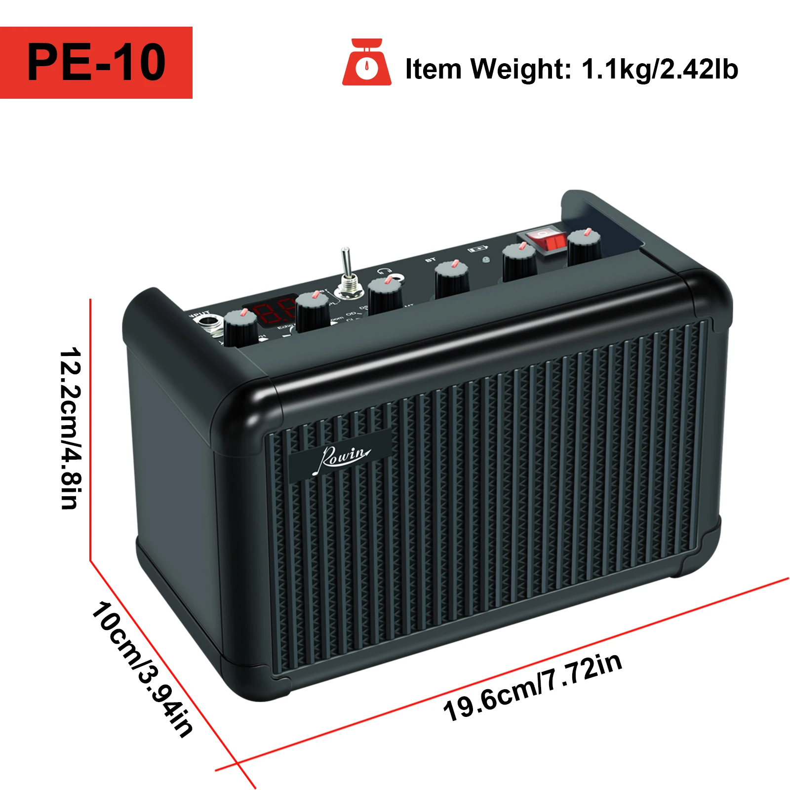 Rowin Mini Bass Guitar Multi-Purpose Amplifier with Multi-Effects, Delay, Reverb, Echo, Flanger, Bluetooth Connectivity PE-10