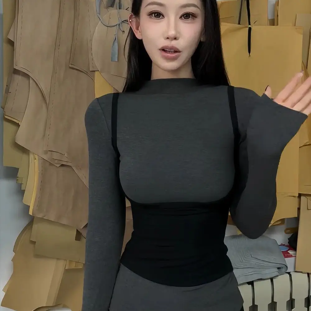 Women Y2K Vintage Color Block Fake Two Piece Long Sleeve T-Shirt Slim Fit Layered Streetwear Fall Top