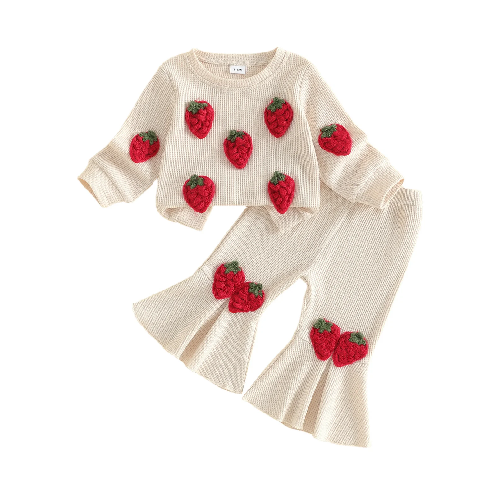 Toddler Girl Fall Outfits Strawberry Embellished Crew Neck Long Sleeve Waffle Sweatshirts Flare Pants 2Pcs Clothes Set