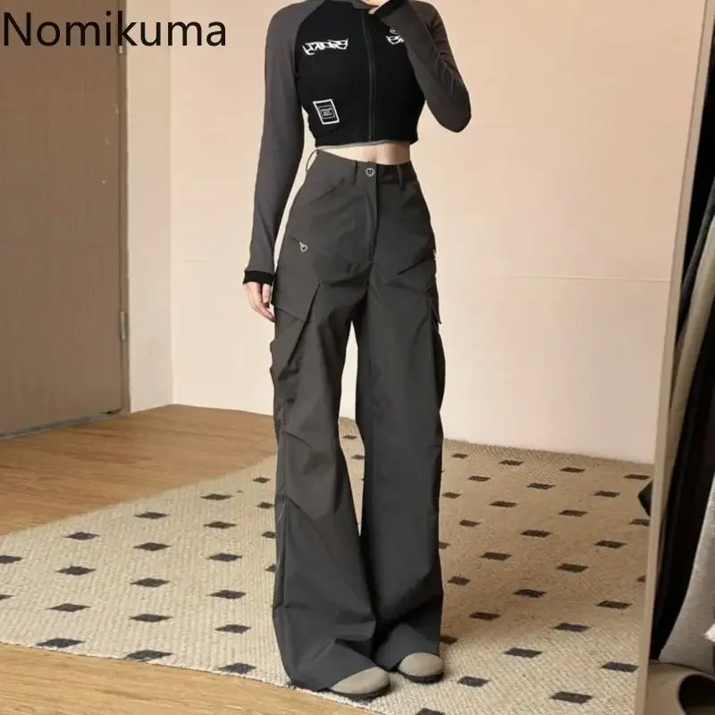 Korean Cargo Pants for Women High Waist Pockets Casual Fashion Trousers 2024 New Bottoms High Waist Black Vintage Pantalon Femme