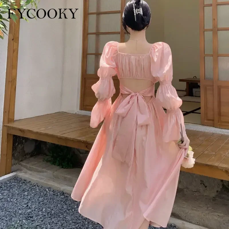 Sweet Back Puff Sleeve Dress Women Autumn 2025 New Pink Bandage Dress Fashion Elegant Chiffon Long Dresses Female