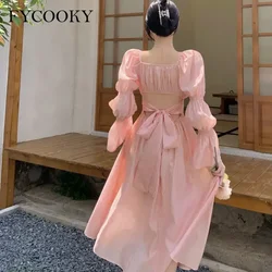 Sweet Back Puff Sleeve Dress Women Autumn 2025 New Pink Bandage Dress Fashion Elegant Chiffon Long Dresses Female