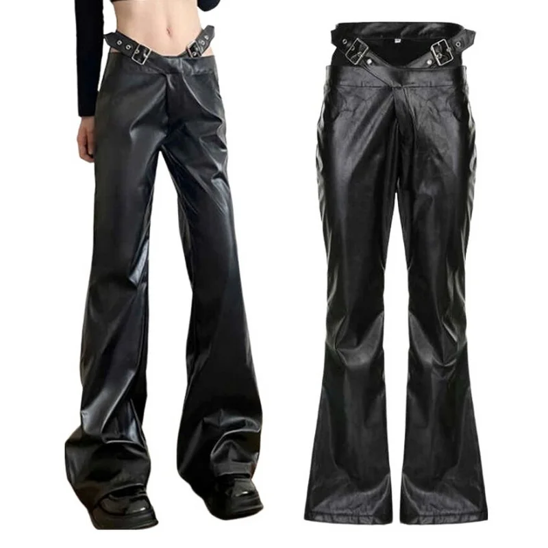 

Faux Leather Flared Pants For Women Y2K Streetwear Goth Buckle Belt Leather Trouesrs