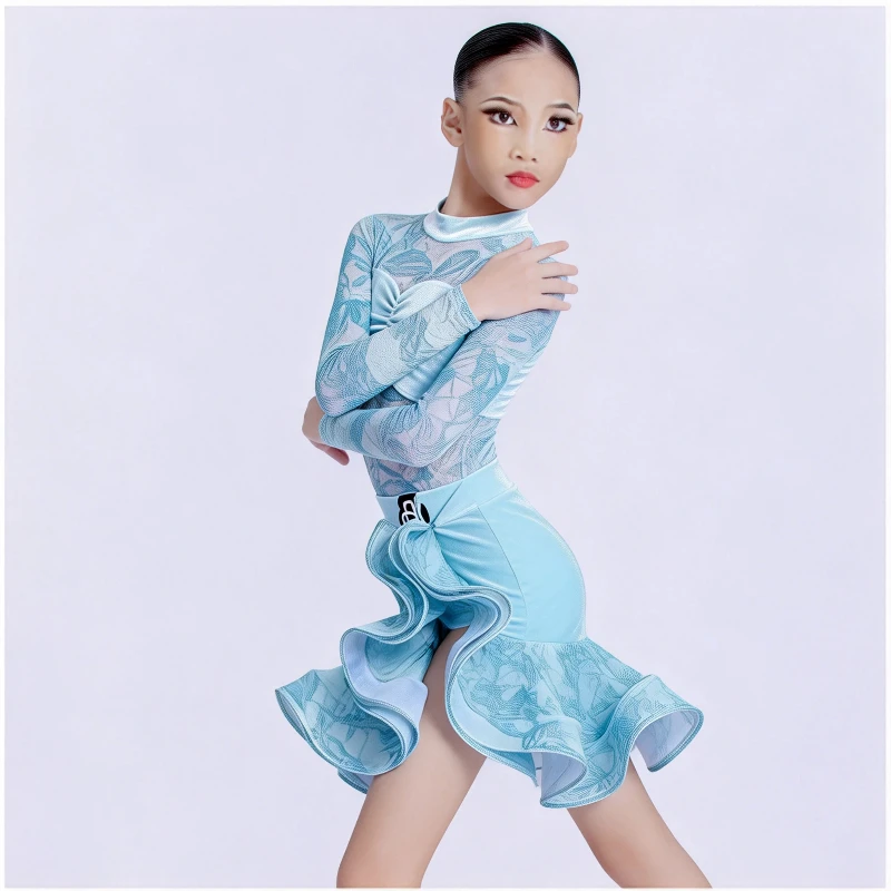 

New Children's Latin dance practice training suit costume 2025 new girls' autumn and winter set with a high-end feel dance dress