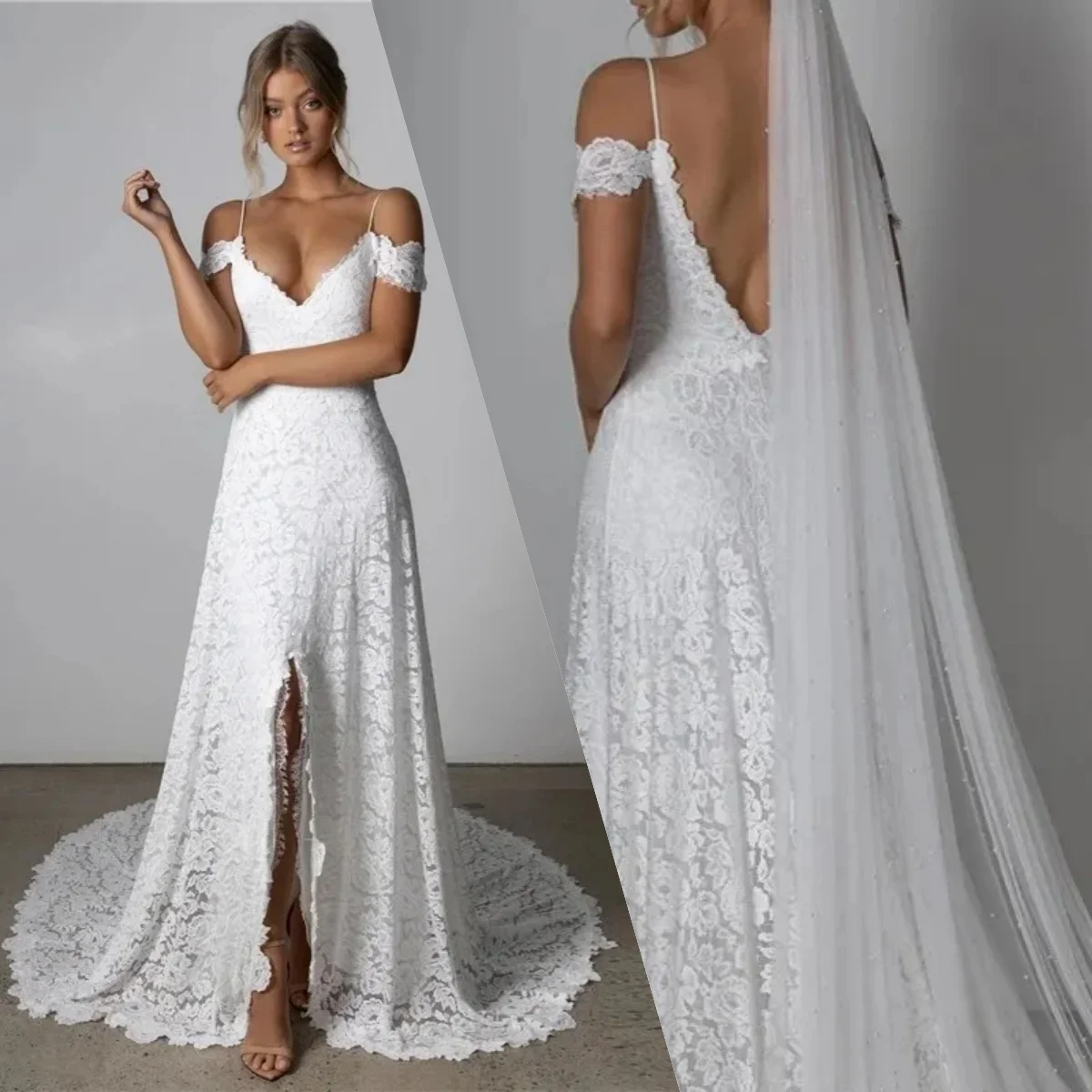

2025 New Off The Shoulder Summer Boho Wedding Dress Customize Sexy Slit Backless Lace Beach Bridal Gowns Vestidos De Noiva Robes