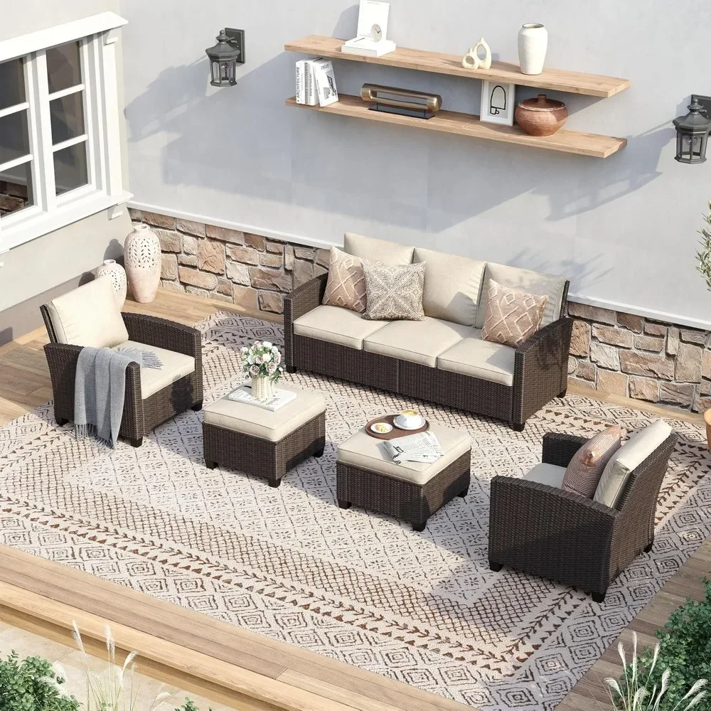 Patio Furniture Set 5 Pieces, Rattan Cushioned Outdoor Conversation Set Wicker 3-Seat Sofa Couch, Ottomans and 2 Sofa Chairs