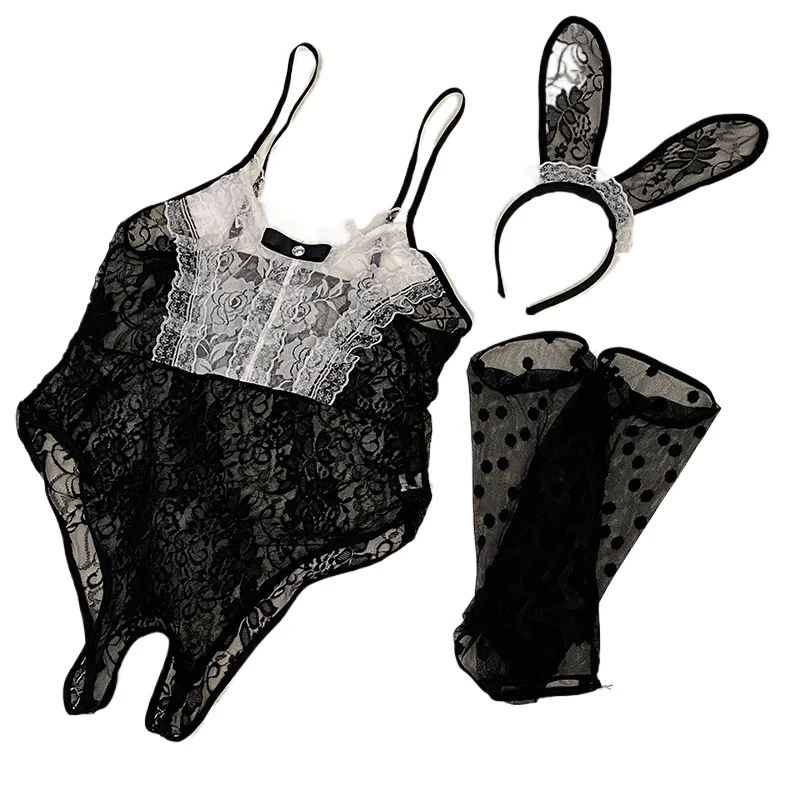 

Plus Size Sexy Lingerie Bunny Rabbit Ears Cosplay Cat Maid Uniform Open Crotch Bodysuit Lace See Through Pajamas Night Outfits