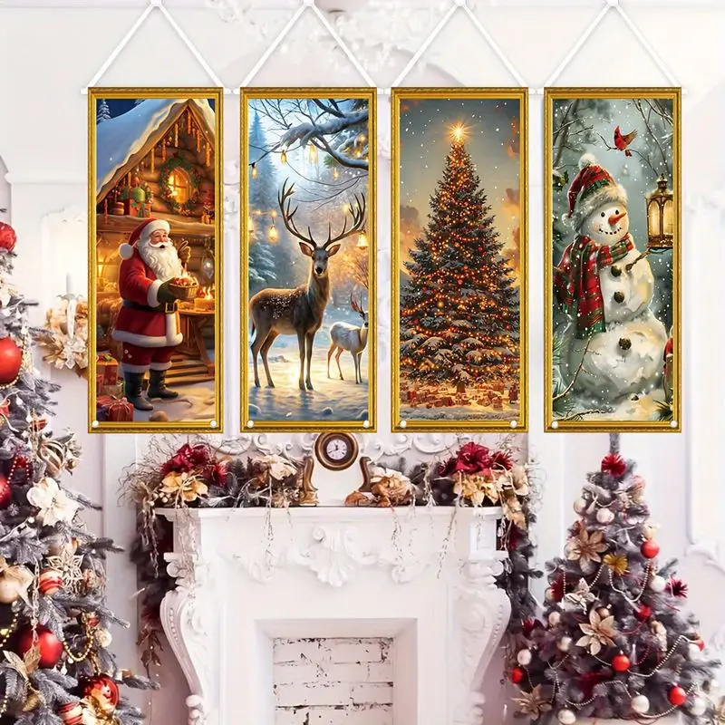 VIKAMA Christmas Tapestry Santa Cabin Deer Christmas Tree Snowman Wall Hanging Living Room Fireplace Decor Xmas Wall Art Gift