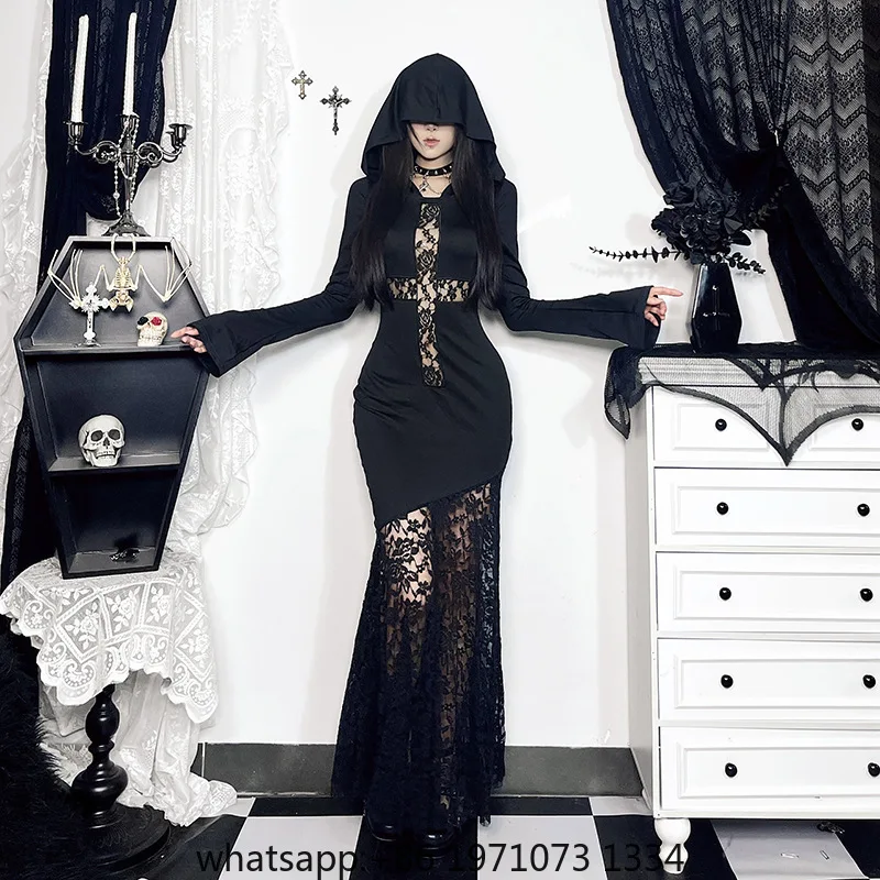 Goth Dark Elegant Fashion Women Hooded Dress Mall Gothic Cross Hollow Out Lace Spliced Partywear Acubi Sexy Bodycon Dresses Slim
