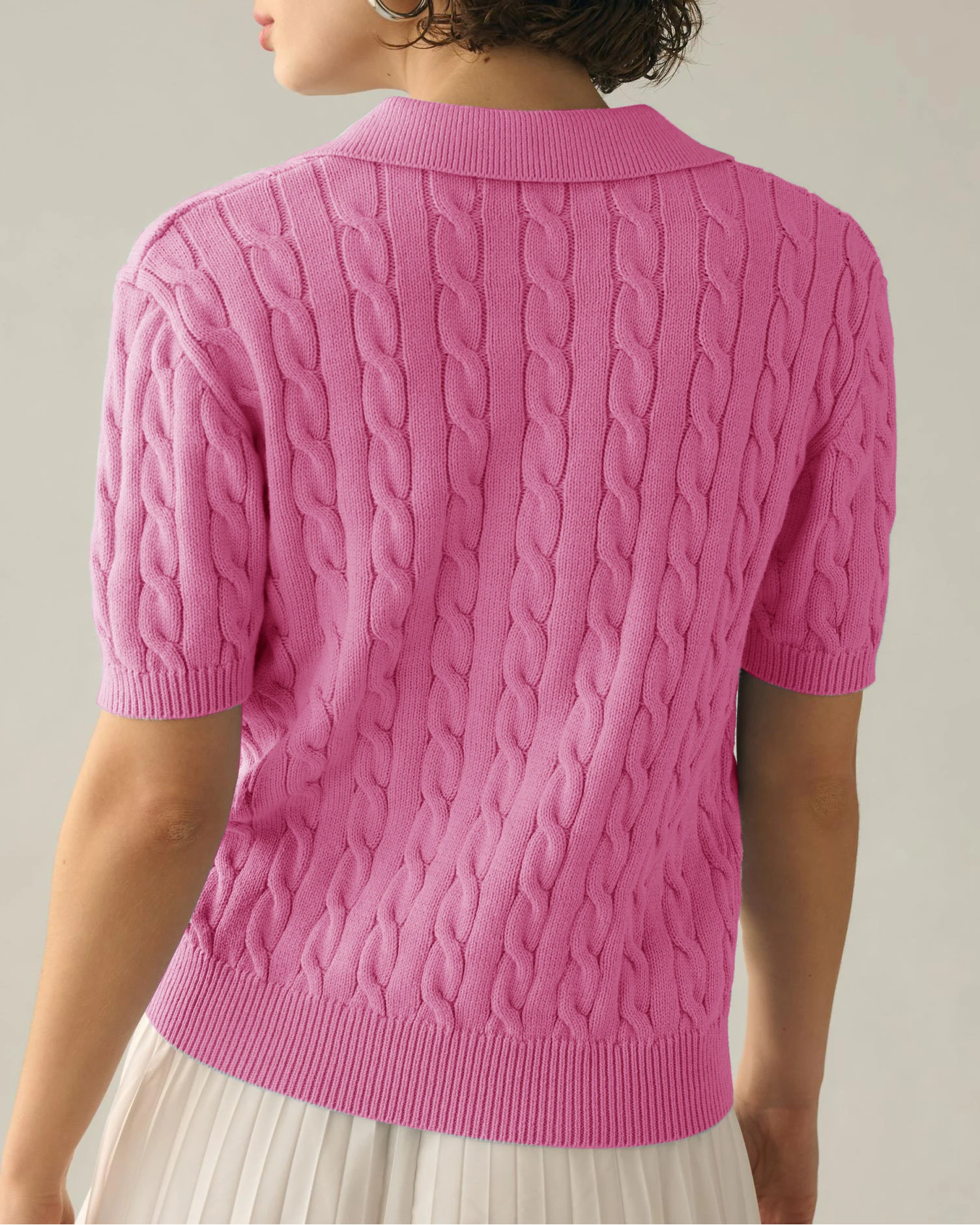 Casual Hot Pink Cable Knit Loose V Neck Short Sleeve Sweater Pullover Spring Summer Fashion Soft Lapel Collar Knitted Top Y2K