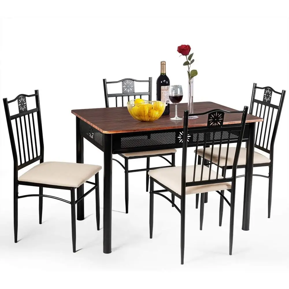 

Retro Wooden Top Metal Frame Padded Seat Dining Set for Home Kitchen