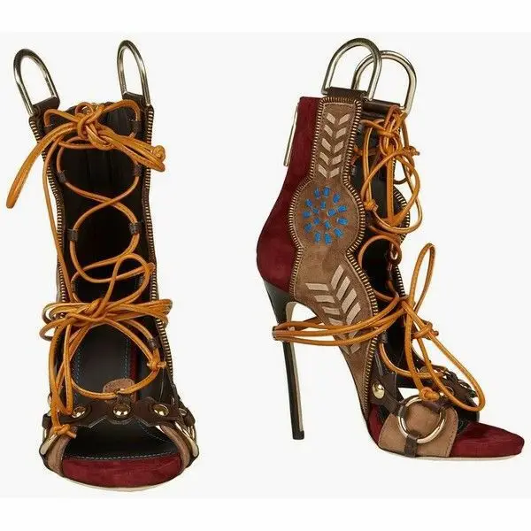 Sexy Ring Buckle With Fur Multi-colors Lace Up Sandals Open Toe High Heels Side Rivets Studs Patchwork Cut-outs Sandal Booties