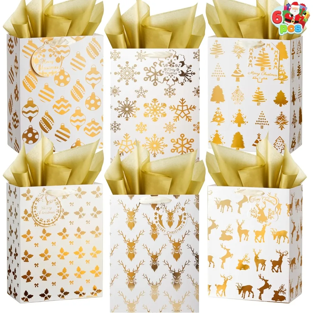 

6 PCS Christmas Foil Gold Present Bags with Tissue Papers, 8 x4.5 x10.5 Xmas Holiday Paper Bags, 6 Winter Prints Designs