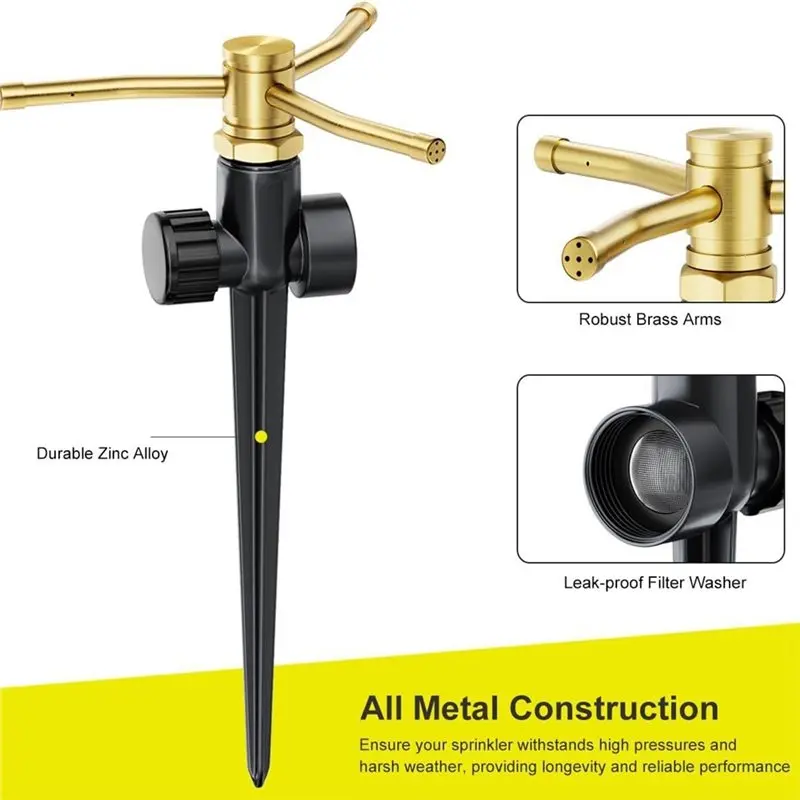 WCS-2 Pack Metal Lawn Sprinklers With Spike Base, Heavy Duty 3- 360° Rotary Garden Sprinkler System