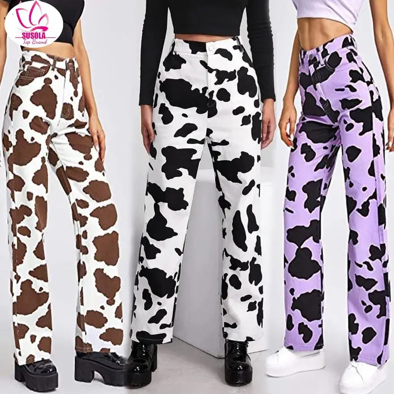 

Trend Milk Cow Print Jeans Denim Pant Women High Waist Loose Straight Pants Harajuku Sweet Casual Wide Leg Trousers Streetwear