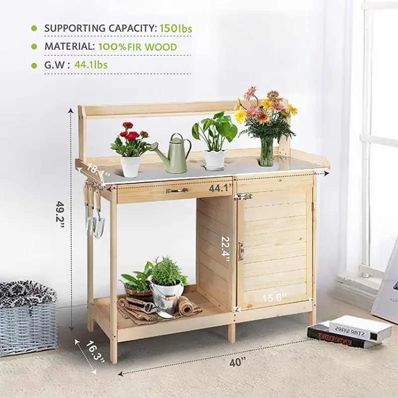 Garden Potting Bench Outdoor Wood Flower Pot Workstation Table With Metal Tabletop