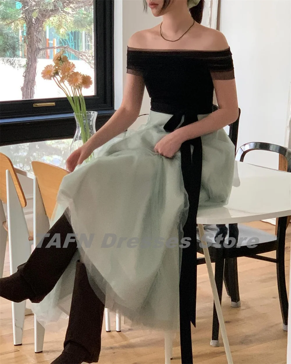 TAFN Korea Photo Shooting Dresses Strapless Soft Green Pleat Evening Party Dresses Floor-Length Patchwork 이브닝 파티 드레스 Customized