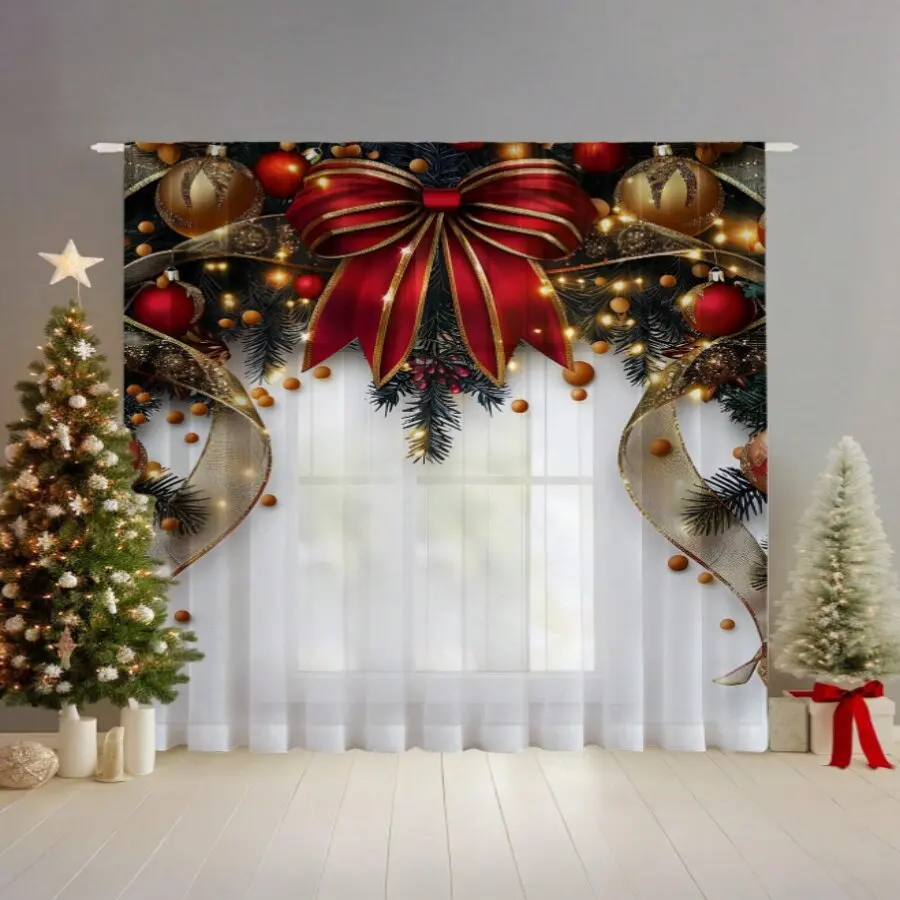 Christmas pine needle snowflake theme printed curtains, pole bag curtains, home decoration, room decoration, window decoration