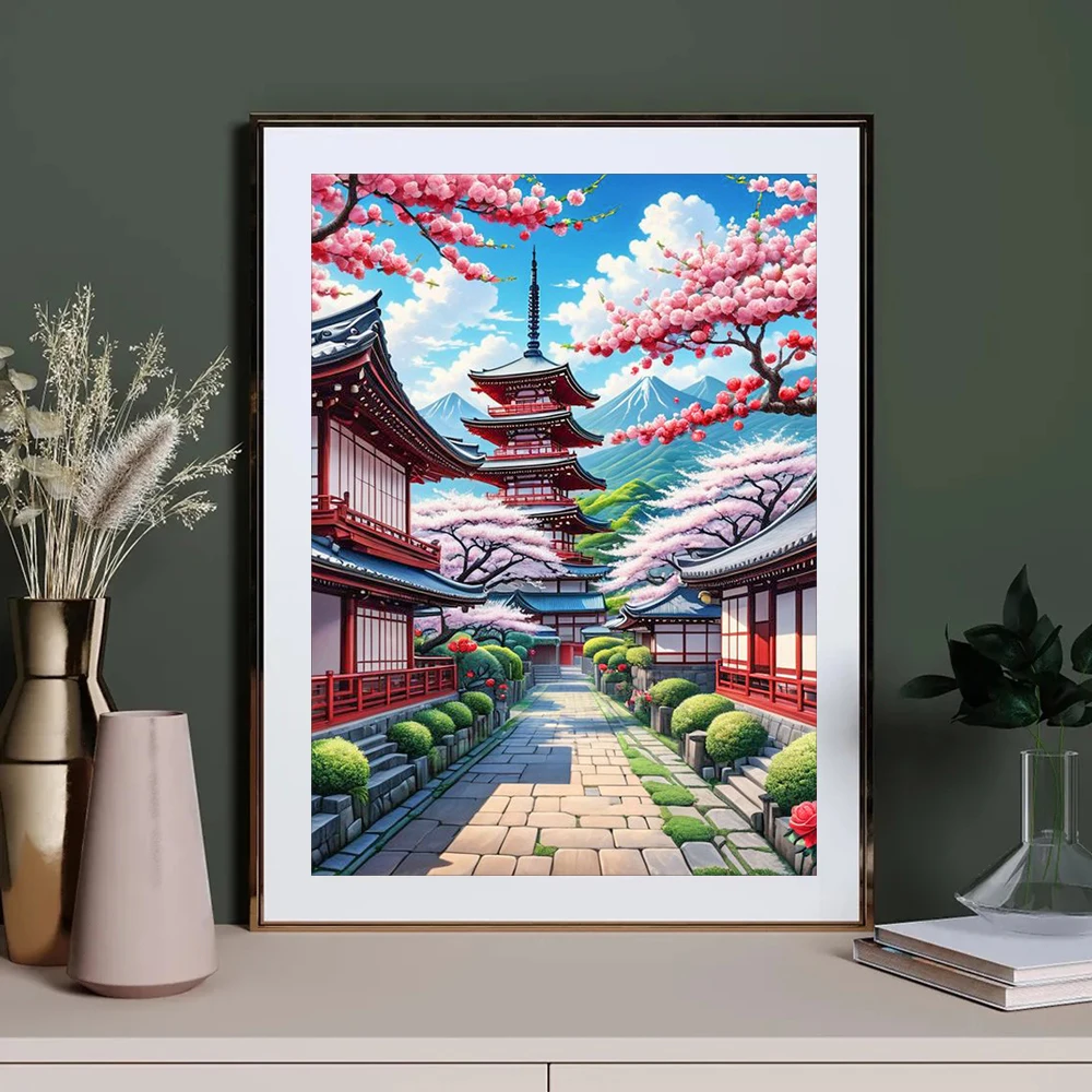 DIY Diamond Painting Cherry Blossom Fuji Mountain Landscape Illustration Mosaic Embroidery Kit Living Room Home Art Wall Decor