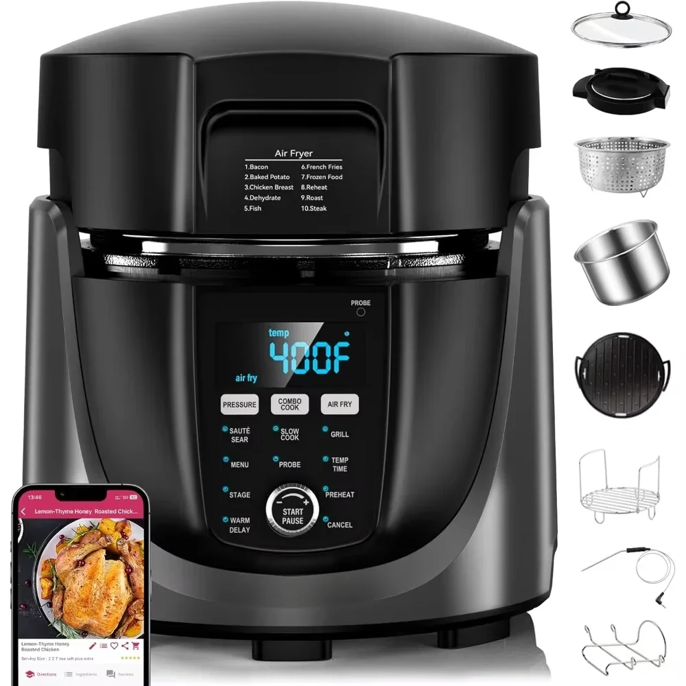 Duet Electric Pressure Cooker & Air Fryer Combo, 450 IN 1 Slow Cooker & Grill with Integrated Digital Temp Probe, 6qt SS Pot