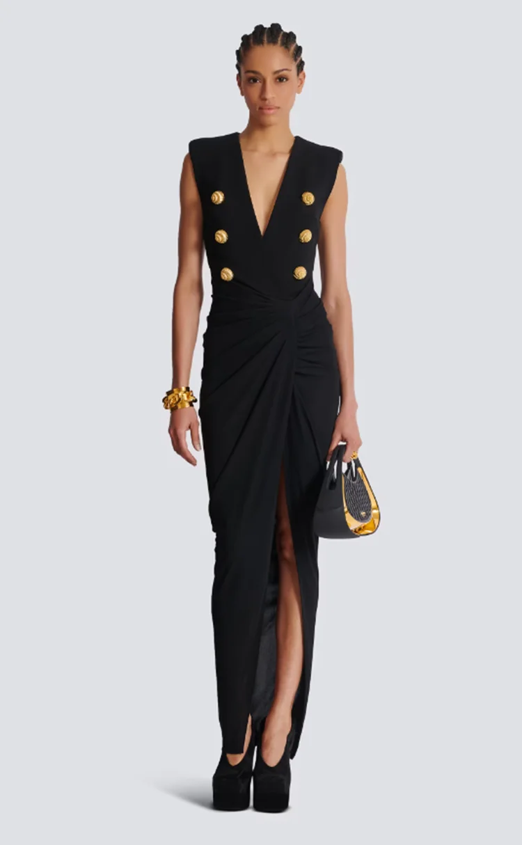 فستان نسائي أسود بدون أكمام وياقة على شكل V عميقة بتصميم أزرار فستان طويل قابل للطي فساتين ضيقة مثيرة وأنيقة للحفلات المسائية