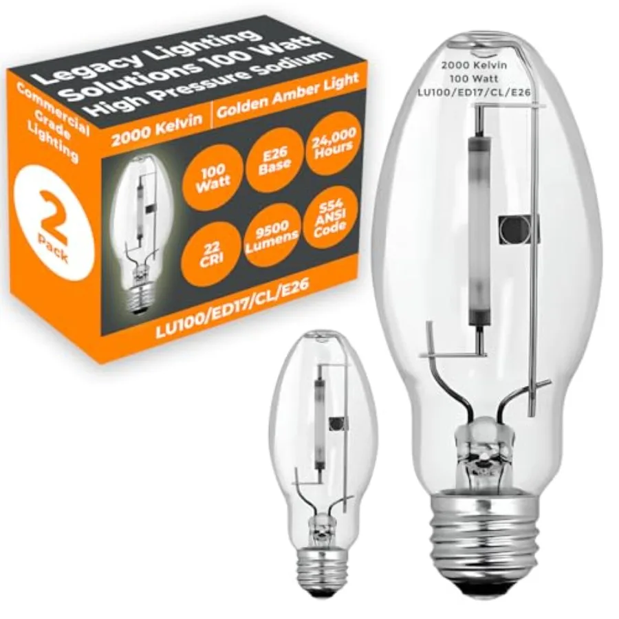 100-Watt High Pressure Sodium HID Light Bulb E26 Base ED17 ANSI Code S54 High Output HID Light 2000K Warm White Light Color Cle