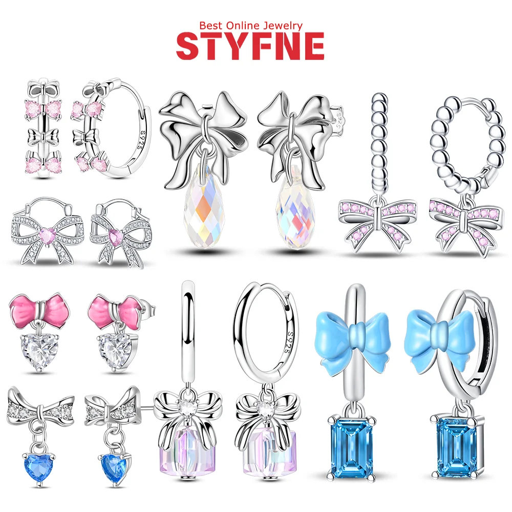 

S925 Sterling Silver Sparkling Pink Bow Stud Earrings Original Charming Earrings for Women Girls Stud Earring Fine Jewelry Gifts