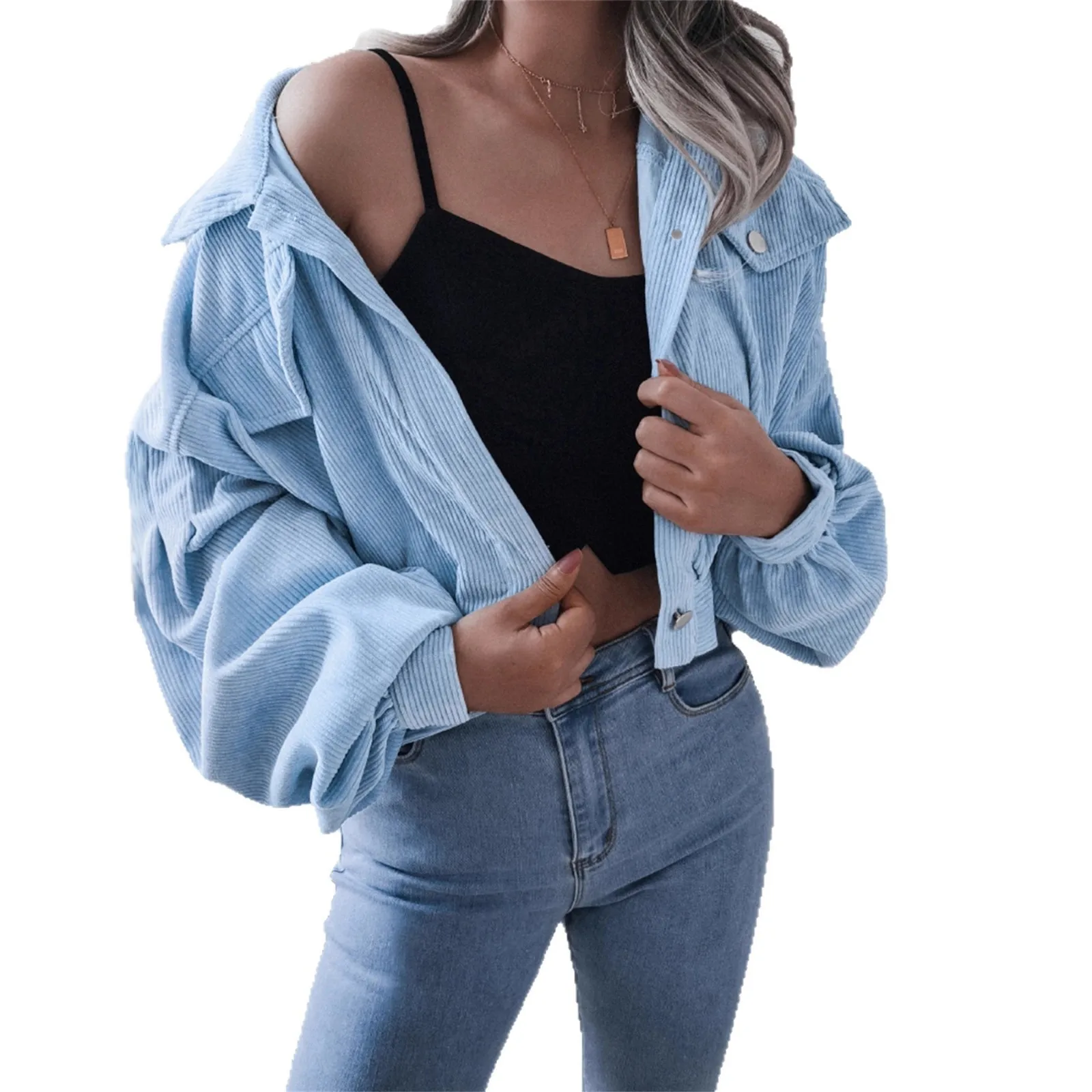Autumn Winter Women's Clothing Corduroy Long Sleeve Puff Jacket For Woman Loose Fit Streetwear Casual Outerwear Vintage Style