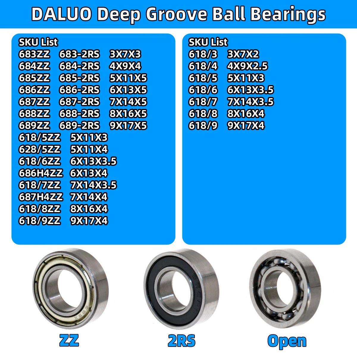 10PCS 683 684 685 686 687 688 689 618/5 628/5 618/6 618/7 618/8 619/9 686H4 687H4 ZZ 2RS ABEC-3 ABEC-5 DALUO Bearing