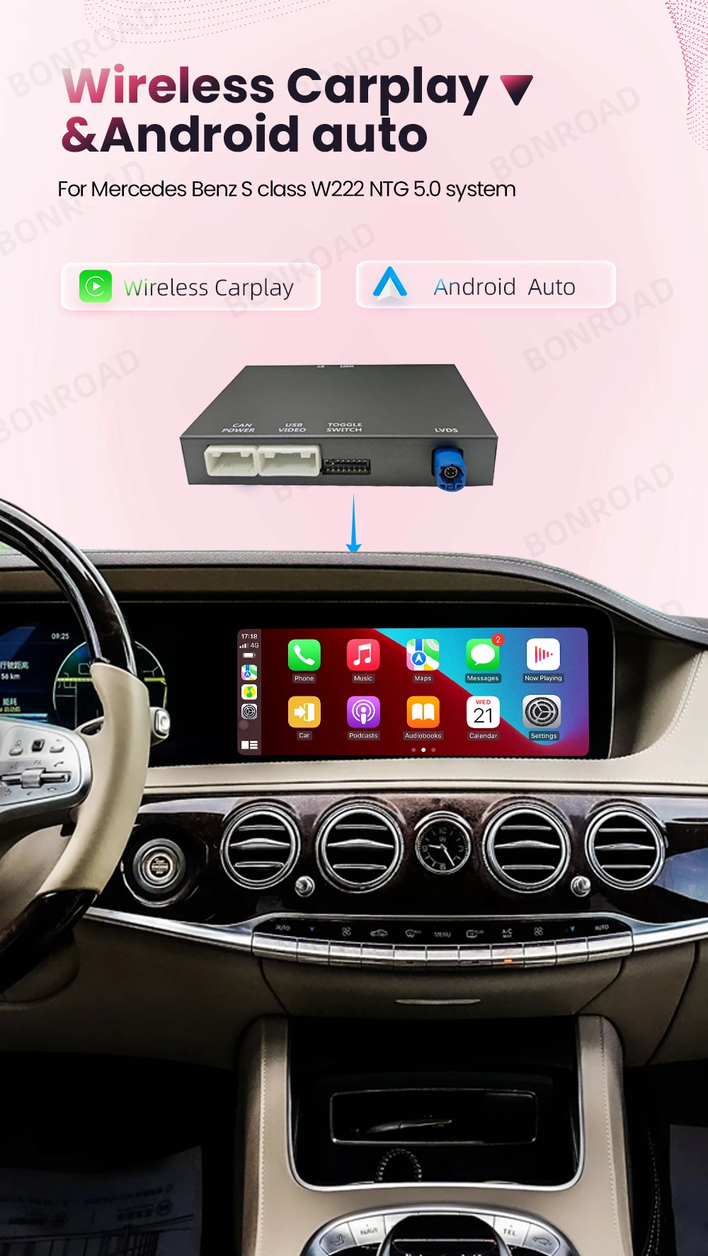 Bonroad drahtloser carplay adapter android auto modul für mercedes benz s klasse w222 ntg 5,0 bluetooth spiegel verbindung – Detail 1