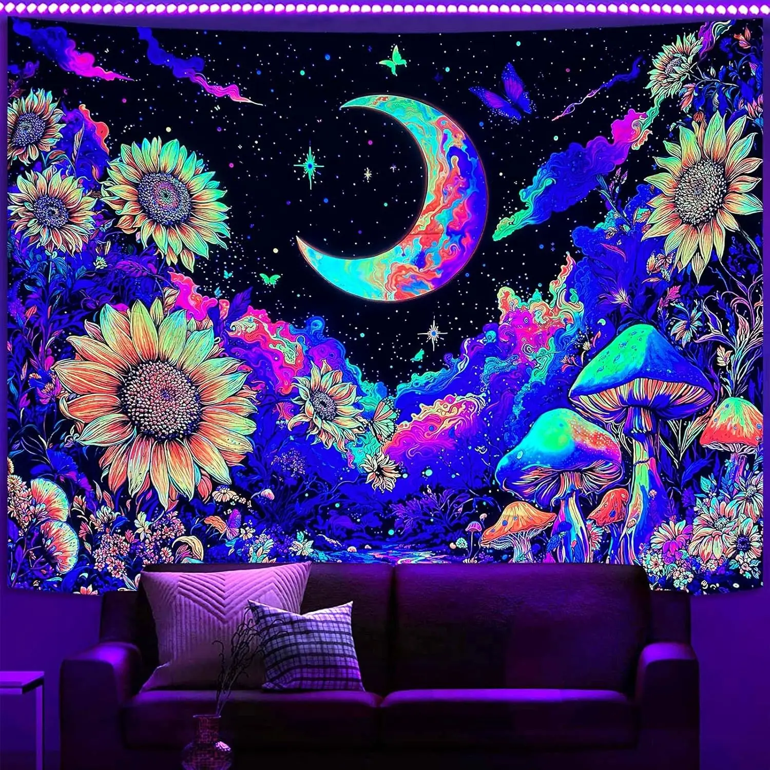 Psychedelic Boho Tapestry Wall Hanging Polyester Cosmic Sunflower Floral Moon Night Sky Bohemian Living Room Decor Art Print Gif