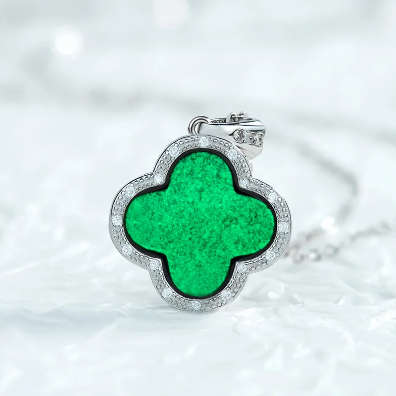 

S925 Sterling Silver Natural Type A Black Jadeite Four-Leaf Clover Icy Translucent Amulet Pendant Necklace