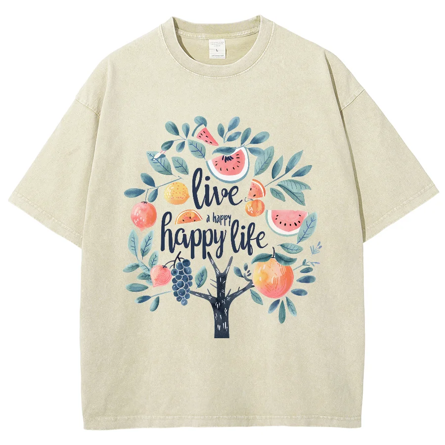 

Модная Повседневная промытая футболка A Happy Life Y2K, летняя Милая уличная одежда в стиле фруктового дерева с круглым вырезом, Винтажная Футболка большого размера унисекс