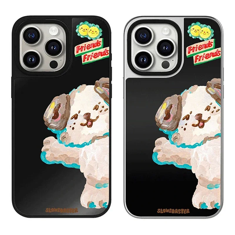 Cute Greeting Puppy Black Silver Border Mirror Magnetic Phone Case Cover for IPhone 12 13 14 15 16 Pro Max Case