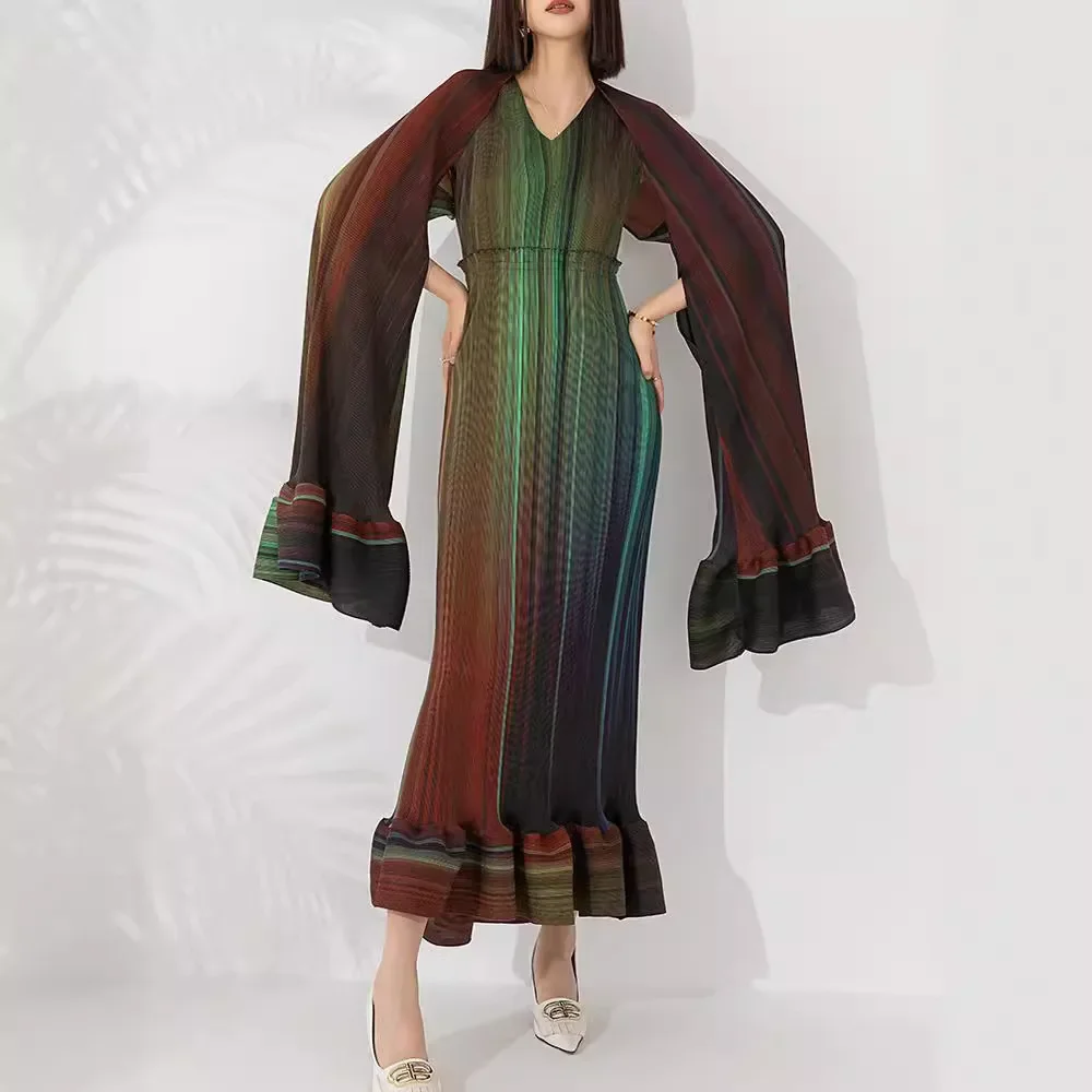 

ALSEY Miyake Pleated Women's Set High Quality Gradient Color V-Neck Inner Long Dress Long Sleeve Outer Two Piece 2024 Summer New