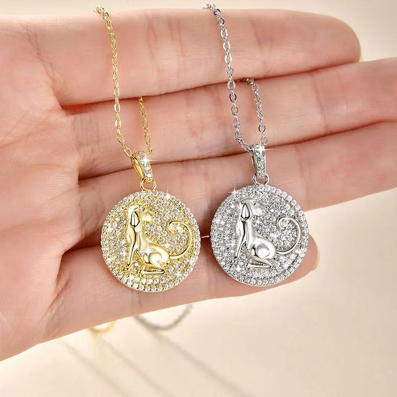 Dog twelve zodiac necklace exquisite CZ crystal dog medal pendant necklace copper chain fashionable pet jewelry gift