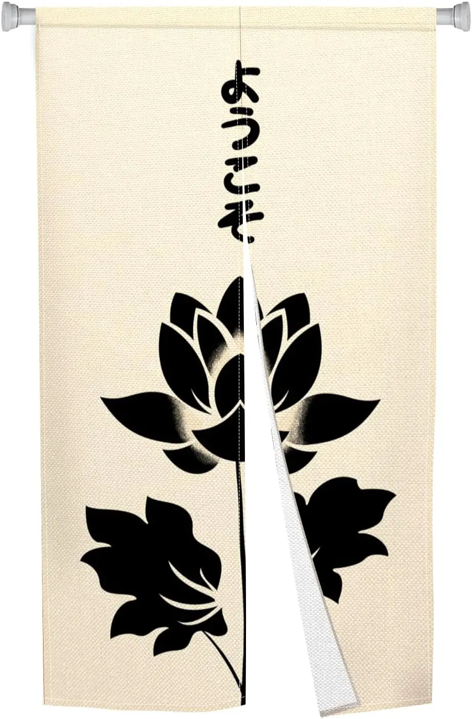 Rideau Minimaliste Tranquille Motif Lotus, Fond en Lin Beige avec Impression Lotus Noir et Sanskrit pour Entrée et Bureau, Décoration Zen Orientale