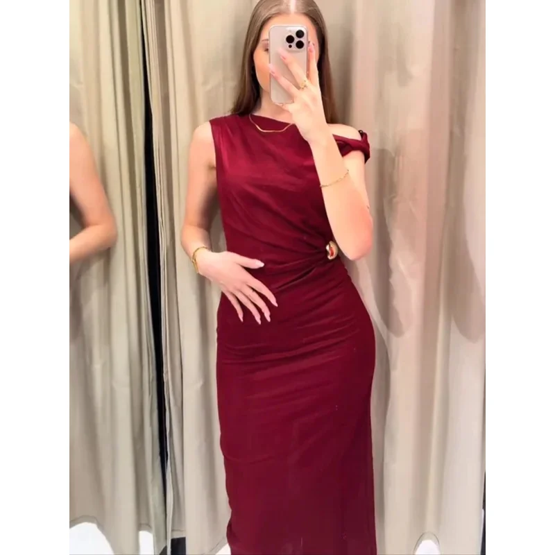 

Vintage Midi Dress for Women Sleeveless O-Neck Linen Blend Pleated Hem Slit Asymmetric Sexy Elegant Summer New