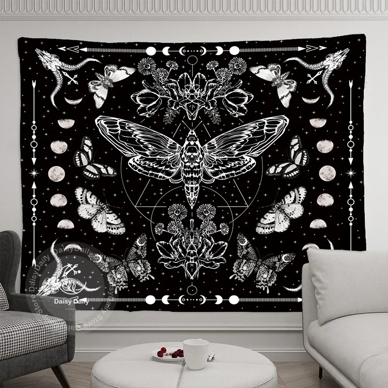 Moth Tapestry Moon Phase and Stars Black and White Moon Phase Butterfly Tapestries Wall Hanging for Living Room Bedroom Decor