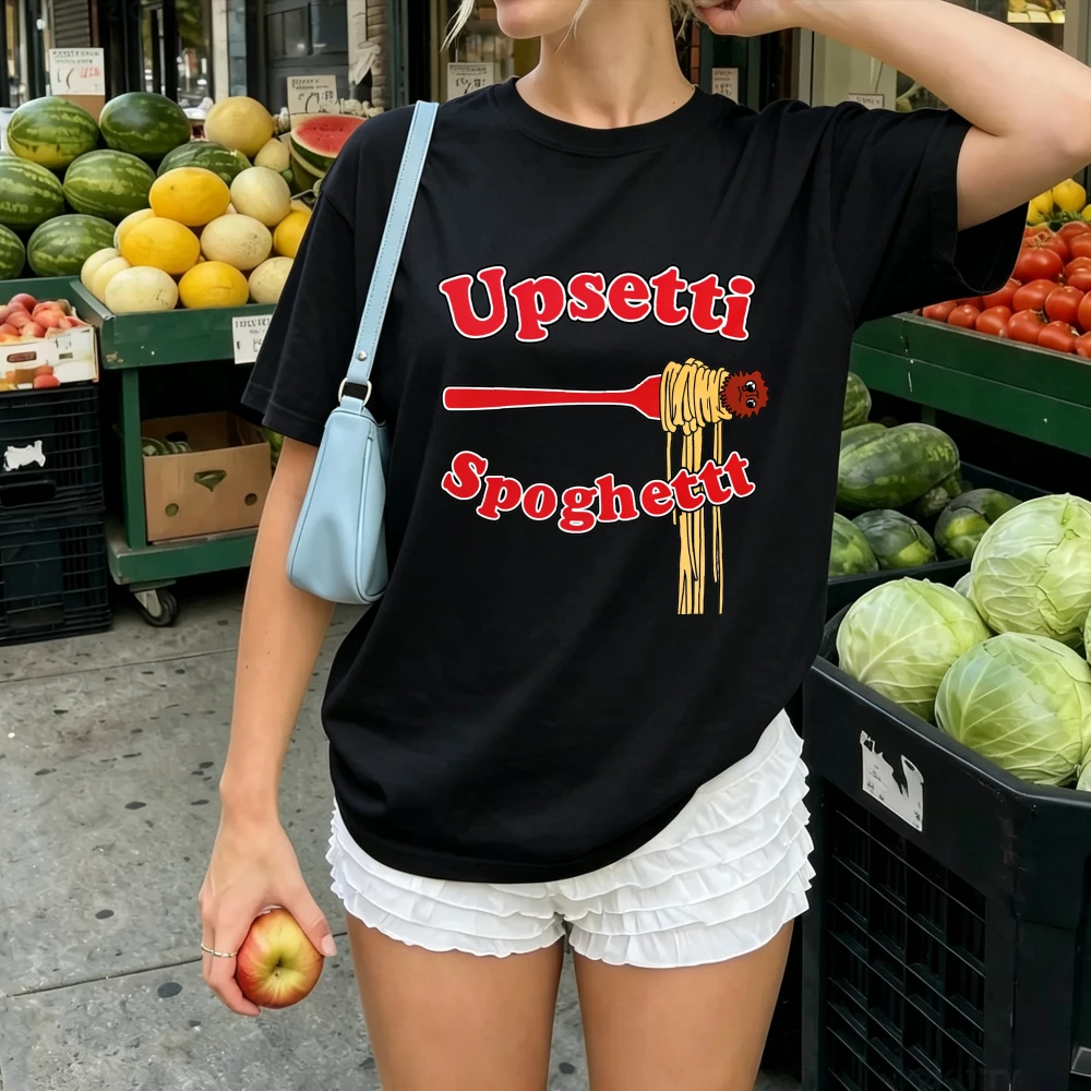 Upsetti Spaghetti Funny Pun Text Fork Twirling Pasta Graphic Print Women Cotton Tee Italian Food Humor Minimalist Casual Tops