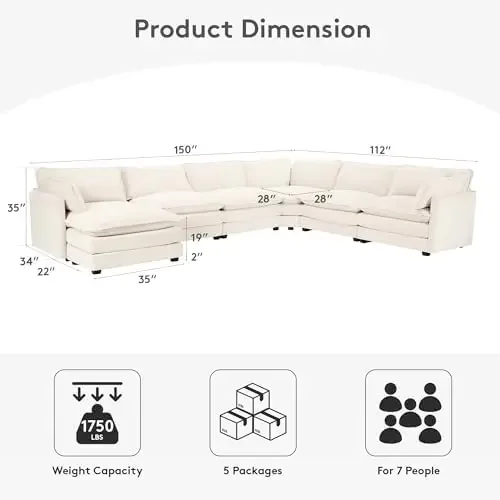 150'' Modular Sectional Cloud Couch, 7 Seater Corner Sofa Big Comfy Corduroy V Shaped Couch with 4 Throw Pillows
