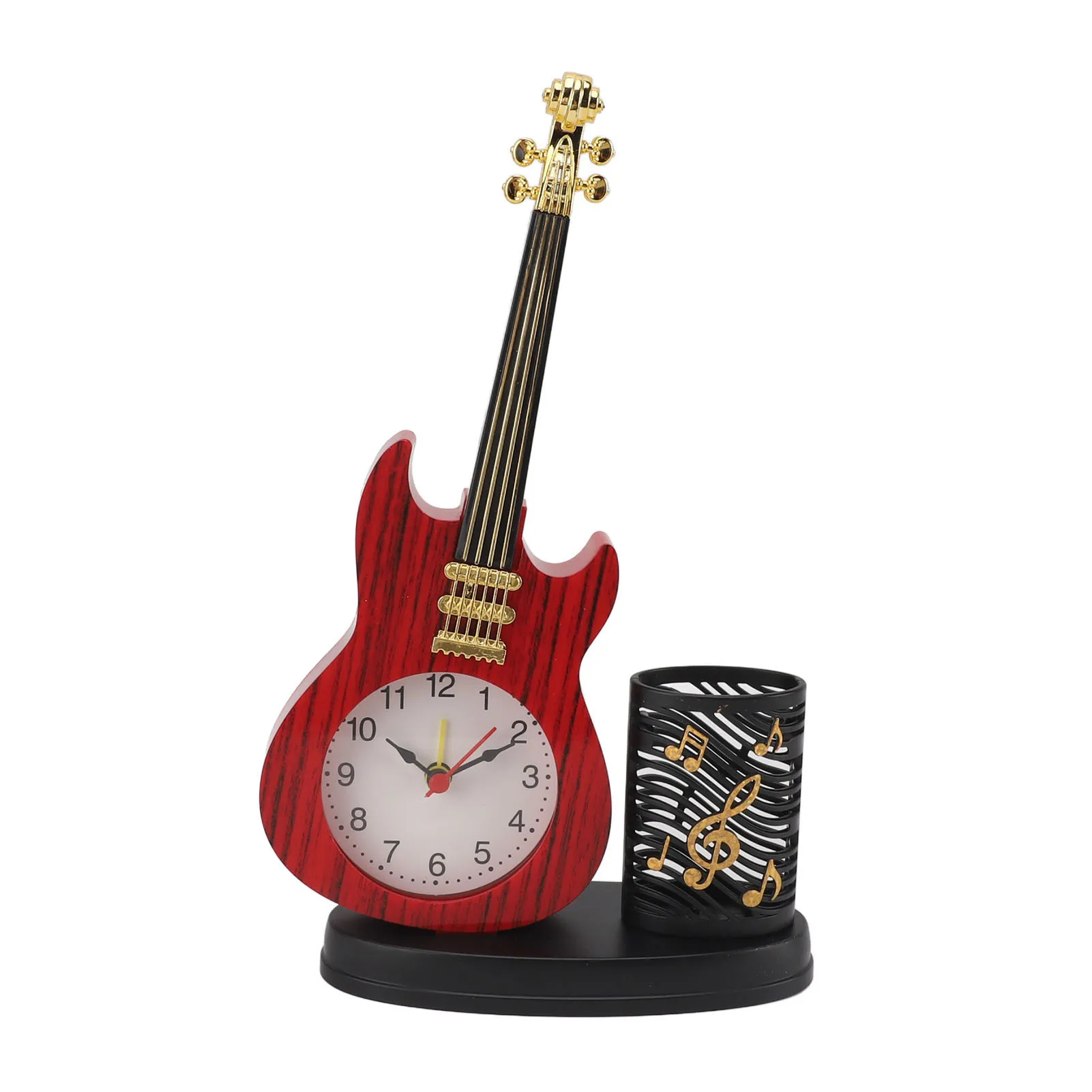 Desk Alarm Clock Vintage Desk Clock Guitar Shape Stable Base Battery Powered ABS Alarm Clock with Pencil Holder for Bedroom