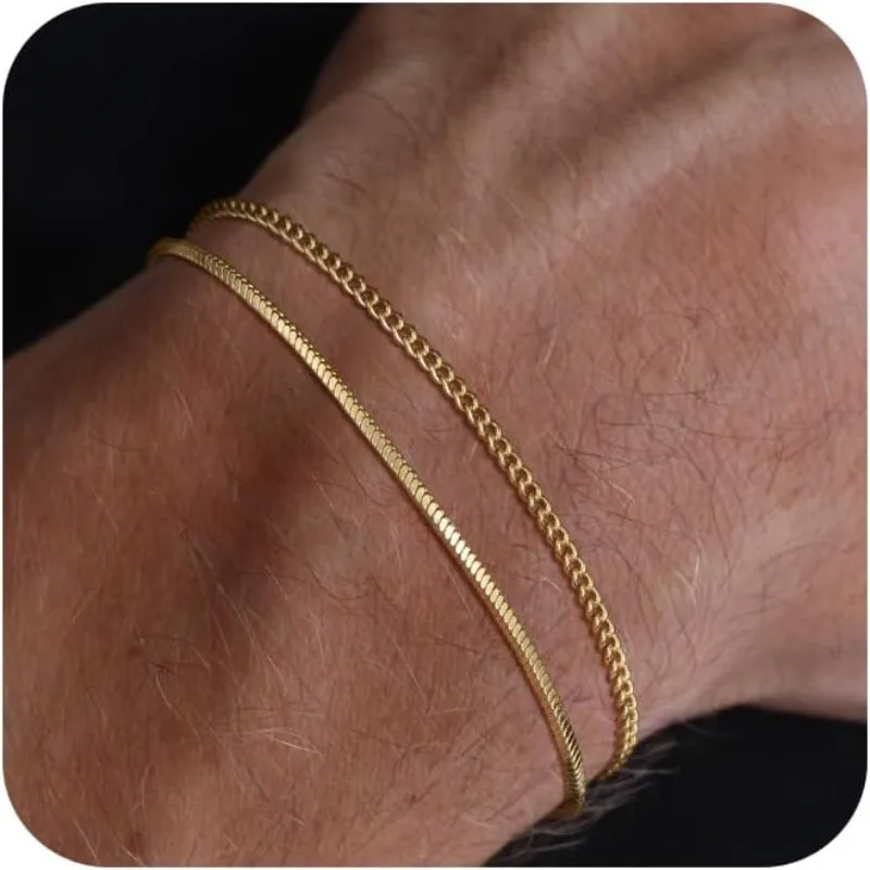 Mens Bracelet Set Waterproof- Dainty 14K Gold Plated Stainless steel Snake Cuban Figaro Chain Bracelets for Men Jewelry Gifts